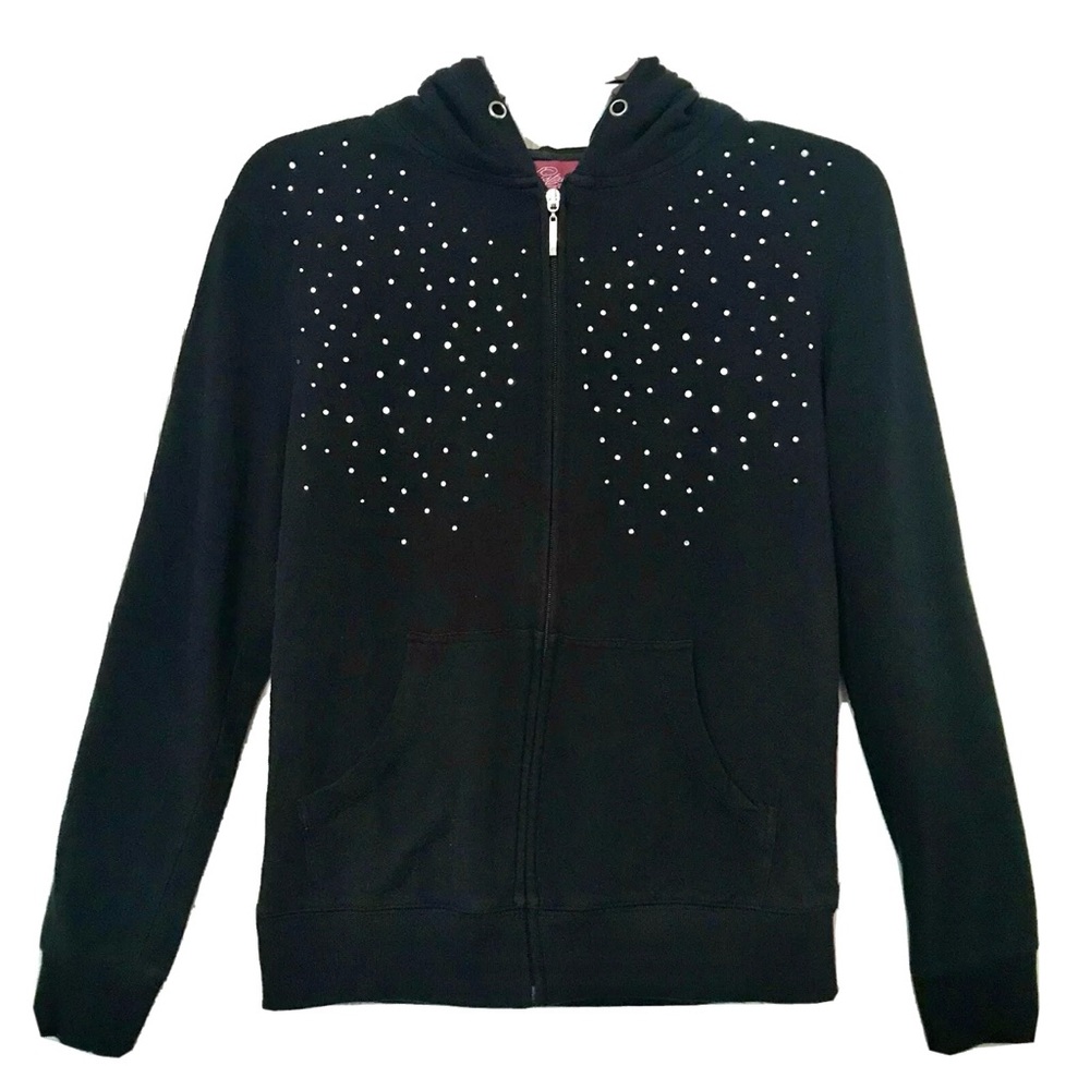 Whisper Me Womens Size M Black Rhinestone Studs Kangaroo Pockets Hooded Jacket